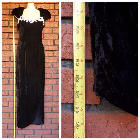 Vintage Roberta Black Velvet Maxi Dress 26" Waist White Bow Beaded Lace - Picture 14 of 14